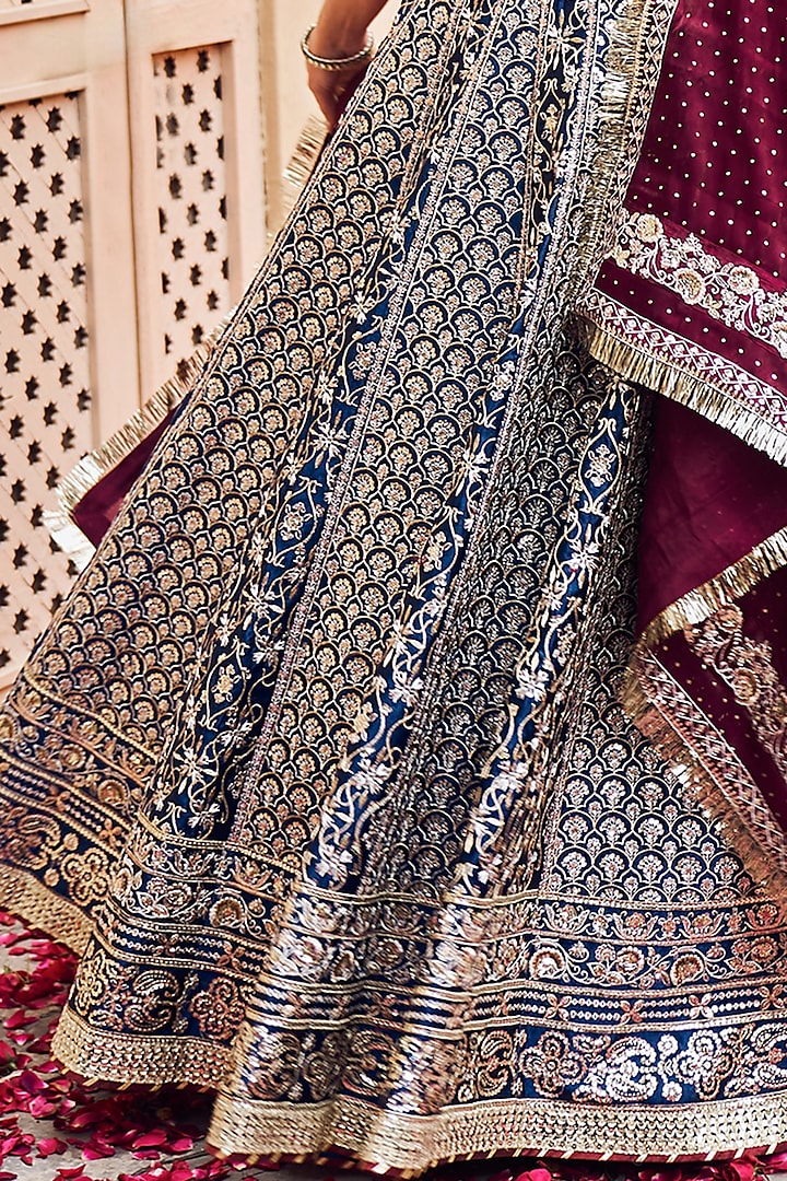 Blue Satin Zari Embroidered Lehenga Set by Lashkaraa at Pernia's Pop Up Shop
