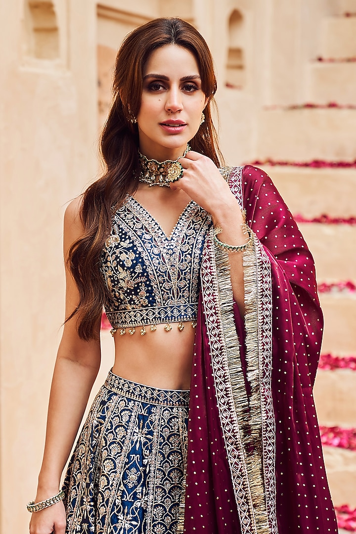 Blue Satin Zari Embroidered Lehenga Set by Lashkaraa at Pernia's Pop Up Shop