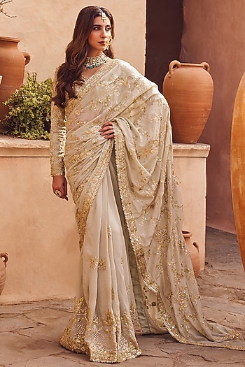 Dusty Green Georgette Zari Embroidered Draped Party Wear Saree Set by Lashkaraa at Pernia's Pop Up Shop