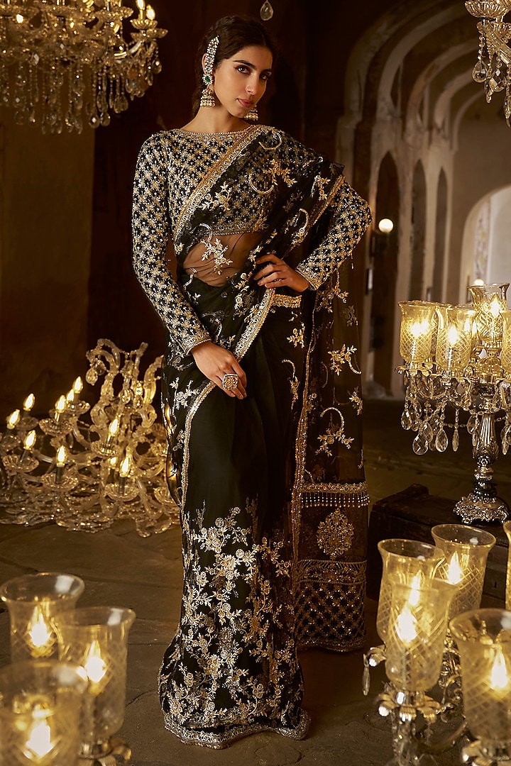 Black & Gold Net Zari Embroidered Draped Saree Set by Lashkaraa