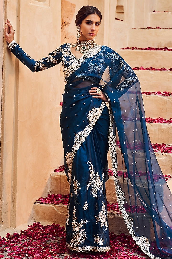 Teal Blue Organza Zari Embroidered Draped Saree Set by Lashkaraa