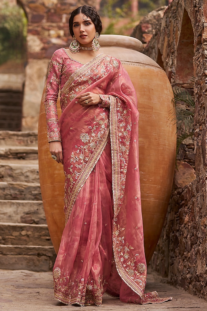 Dusty Pink Organza Zari Embroidered Draped Saree Set by Lashkaraa