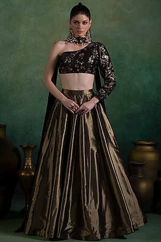 Golden Bronze Brocade Lehenga Set by Lashkaraa