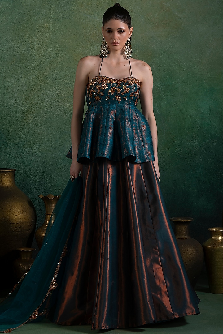 Dark Teal Brocade Lehenga Set by Lashkaraa at Pernia's Pop Up Shop