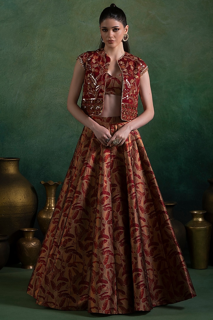 Maroon Brocade & Silk Sequins Embroidered Jacket Lehenga Set by Lashkaraa at Pernia's Pop Up Shop