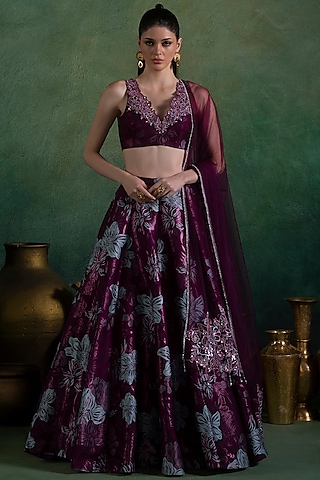 Wine Brocade Zari & Thread Embellished Lehenga Set by Lashkaraa