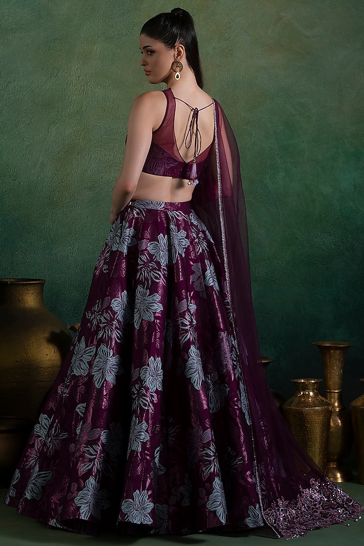 Wine Brocade Zari & Thread Embellished Lehenga Set by Lashkaraa at Pernia's Pop Up Shop