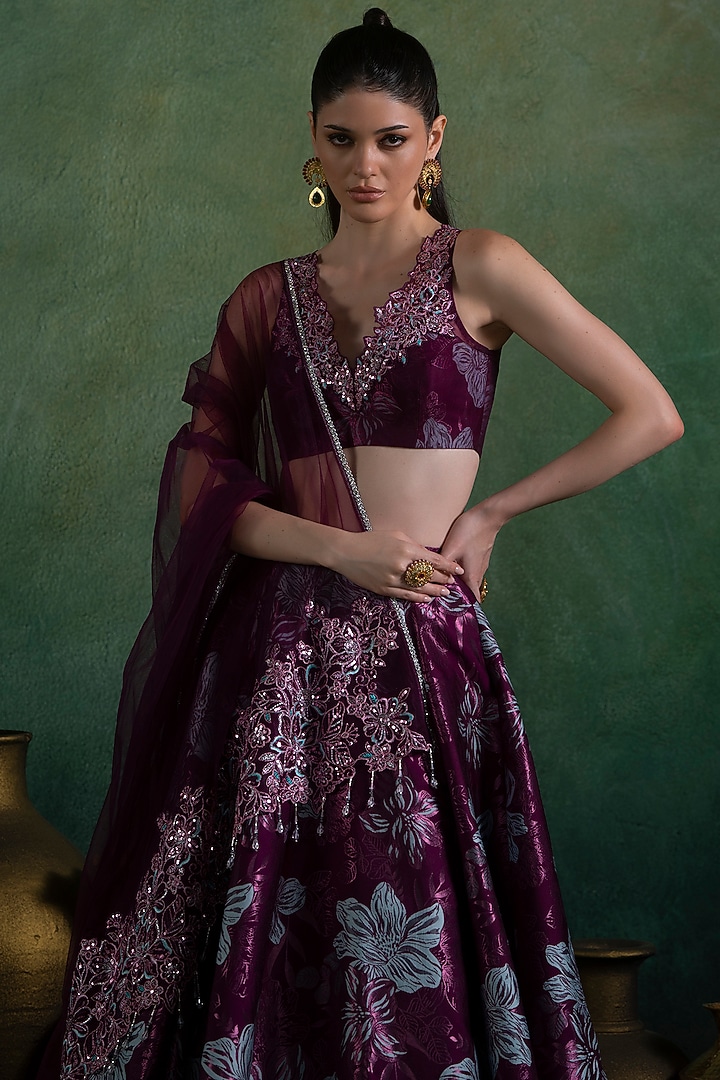 Wine Brocade Zari & Thread Embellished Lehenga Set by Lashkaraa at Pernia's Pop Up Shop