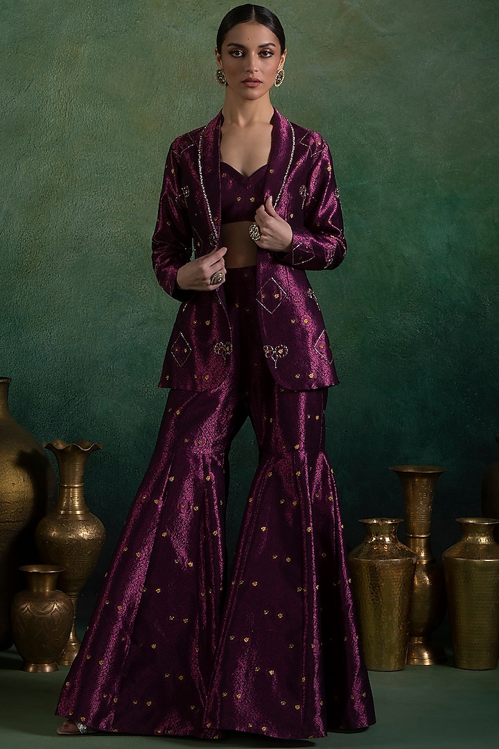 Purple Brocade Sequins Embellished Blazer Set by Lashkaraa at Pernia's Pop Up Shop