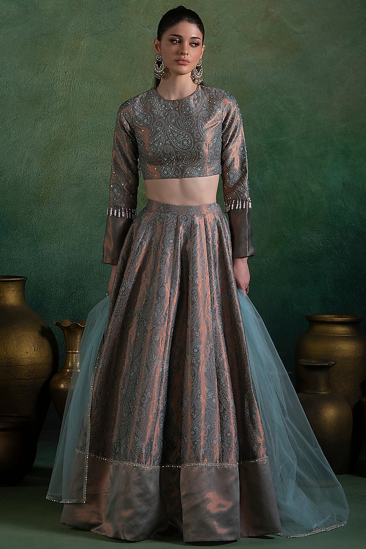 Mint Brocade Zari & Sequins Embellished Lehenga Set by Lashkaraa at Pernia's Pop Up Shop