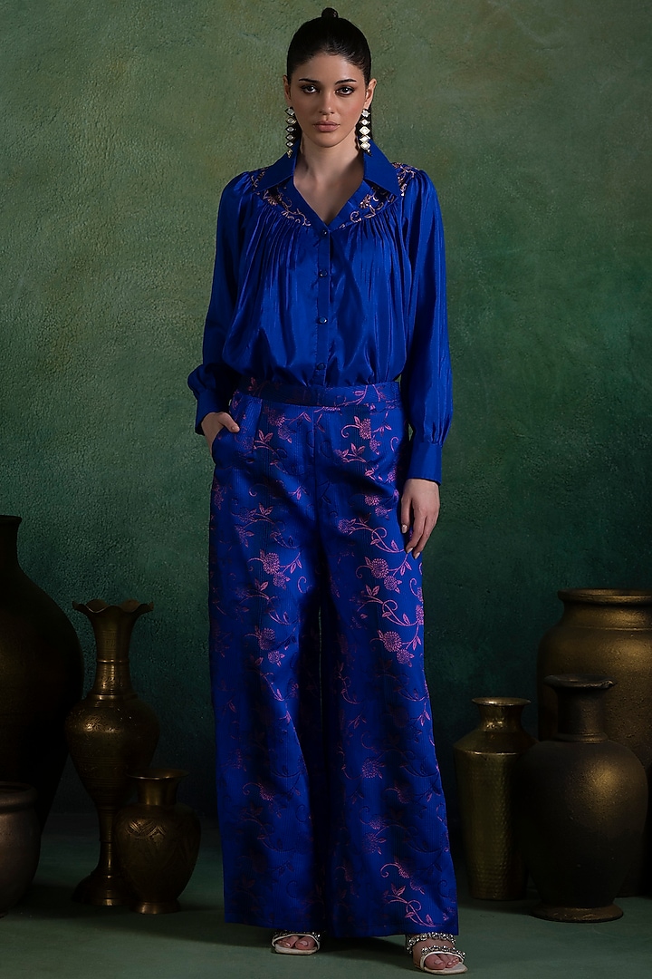 Royal Blue Brocade Pant Set by Lashkaraa at Pernia's Pop Up Shop