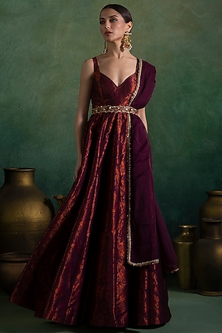 Wine Brocade Sequins & Zari Embellished Anarkali Set by Lashkaraa