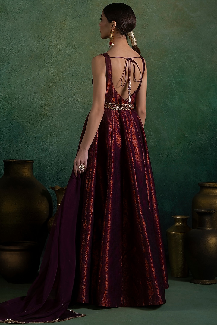 Wine Brocade Sequins & Zari Embellished Party Wear Anarkali Set by Lashkaraa at Pernia's Pop Up Shop