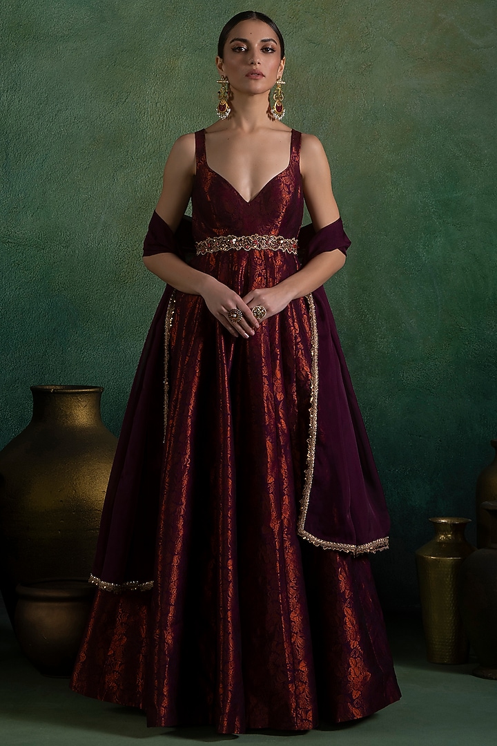 Wine Brocade Sequins & Zari Embellished Party Wear Anarkali Set by Lashkaraa at Pernia's Pop Up Shop