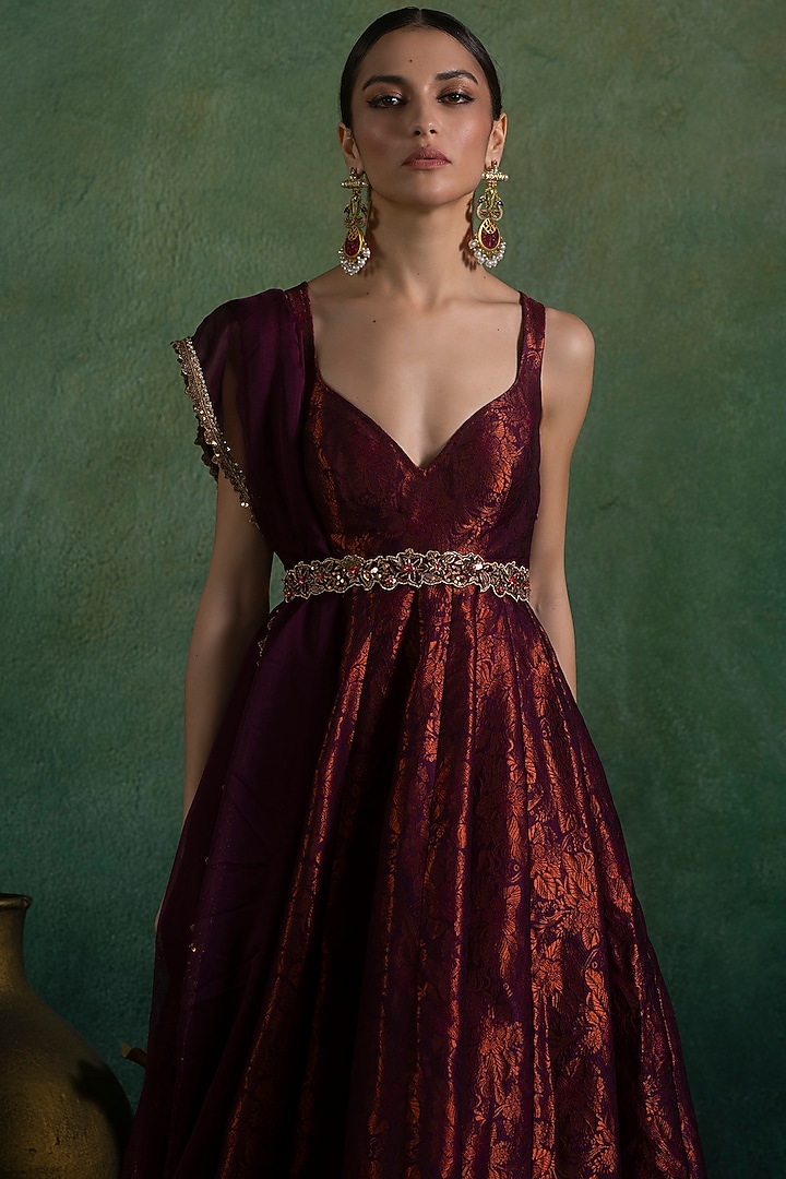 Wine Brocade Sequins & Zari Embellished Party Wear Anarkali Set by Lashkaraa at Pernia's Pop Up Shop