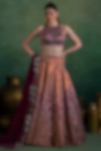 Dusty Peach & Magenta Brocade Thread Embellished Lehenga Set by Lashkaraa at Pernia's Pop Up Shop