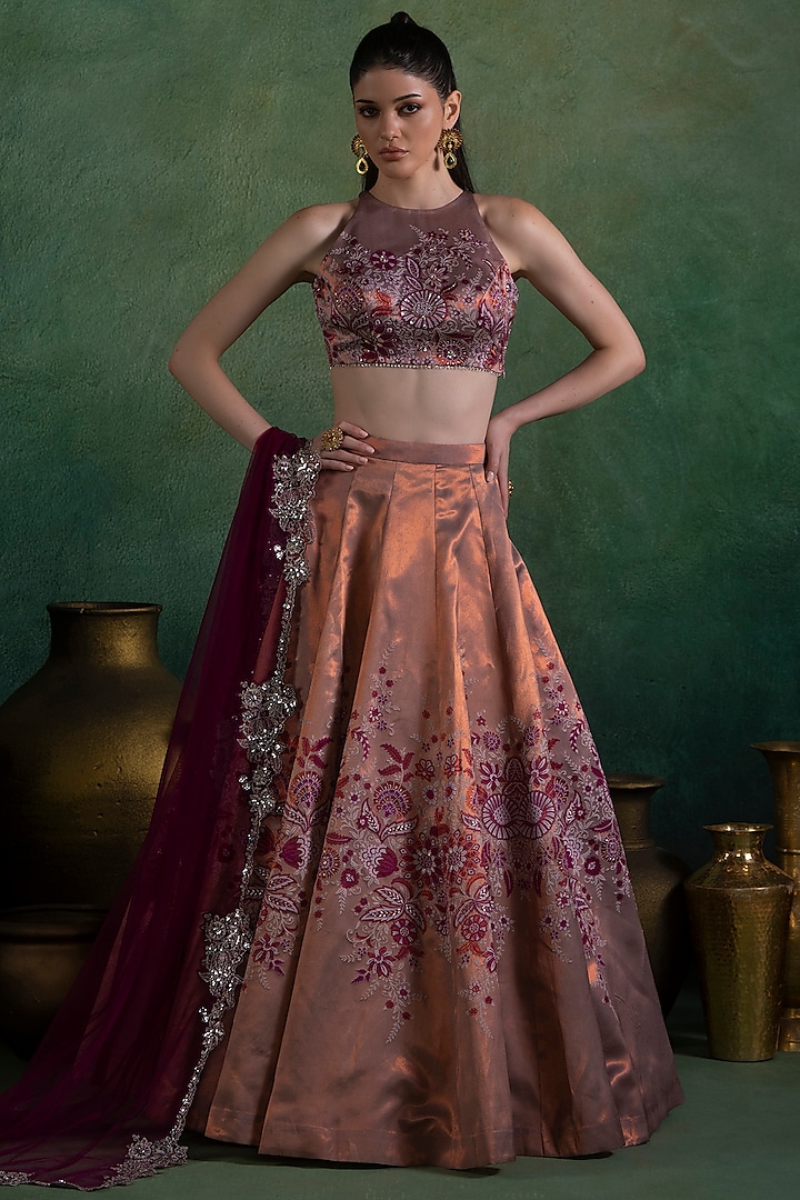 Dusty Peach & Magenta Brocade Thread Embellished Lehenga Set by Lashkaraa at Pernia's Pop Up Shop