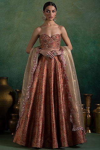 Gold & Maroon Brocade Sequins Embellished Lehenga Set by Lashkaraa