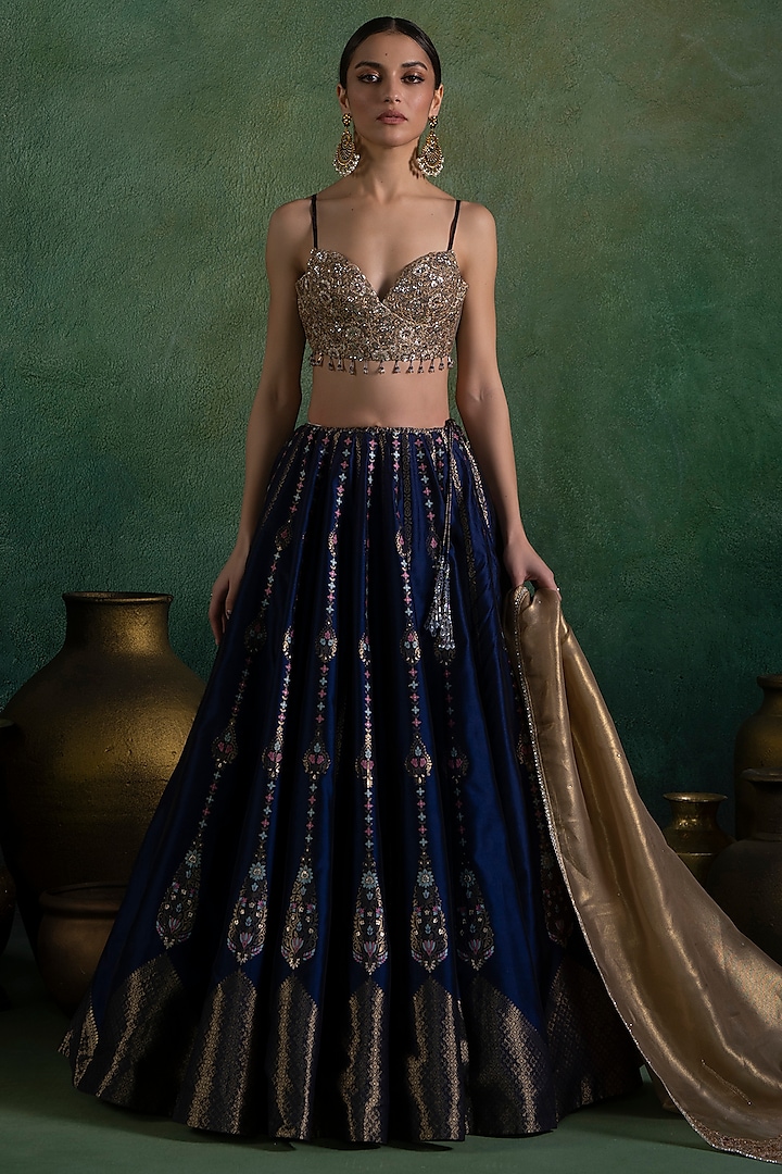 Navy Blue & Gold Brocade Sequins Embellished Lehenga Set by Lashkaraa at Pernia's Pop Up Shop