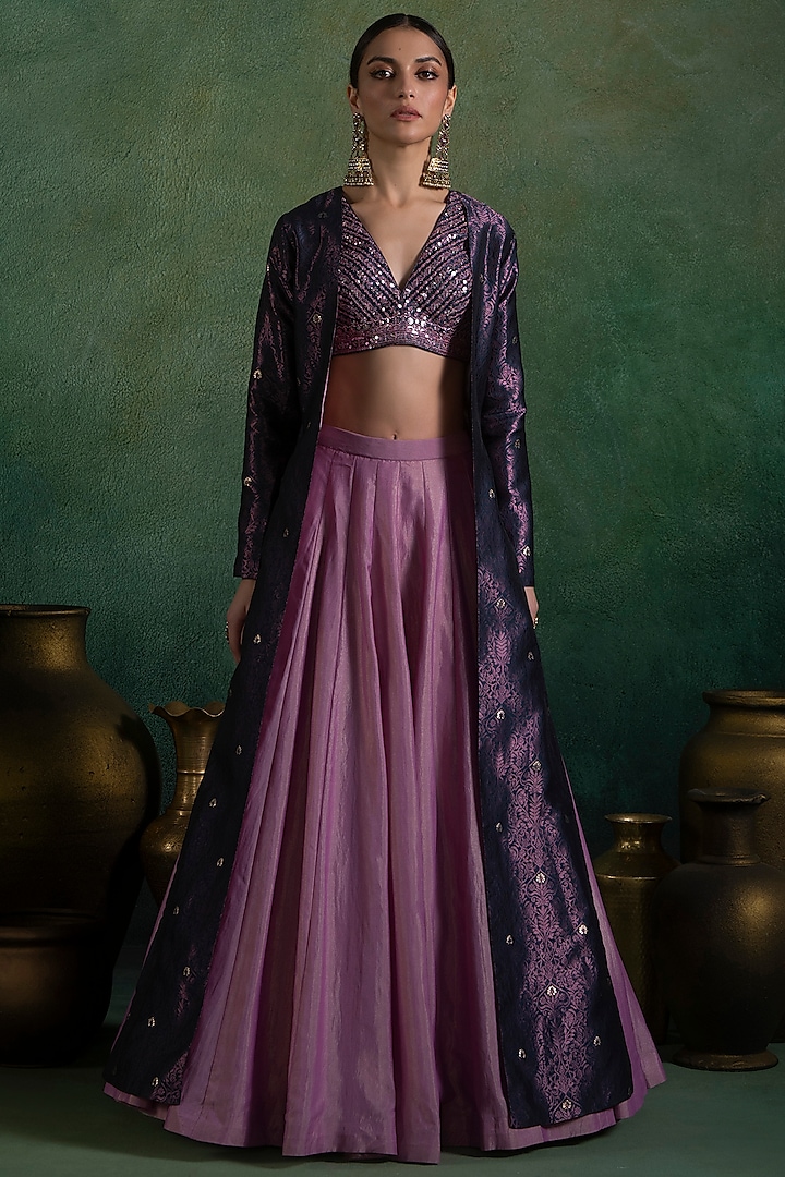 Purple & Pink Brocade Embellished Jacket Lehenga Set by Lashkaraa at Pernia's Pop Up Shop