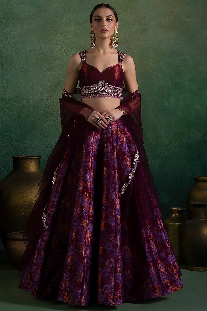 Purple Brocade Sequins & Zari Embellished Floral Lehenga Set by Lashkaraa at Pernia's Pop Up Shop