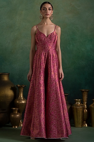 Rose Pink Brocade Thread Embroidered Jumpsuit by Lashkaraa
