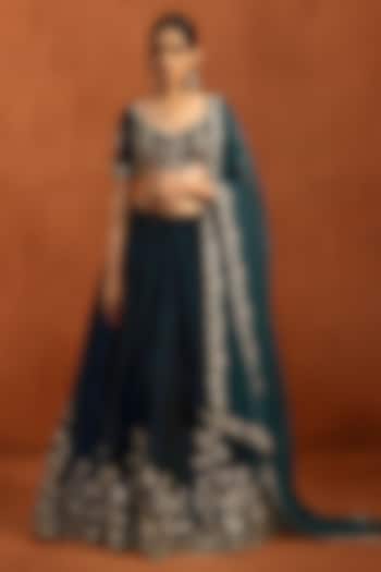 Teal Velvet Zari & Sequins Work Lehenga Set by Lashkaraa at Pernia's Pop Up Shop