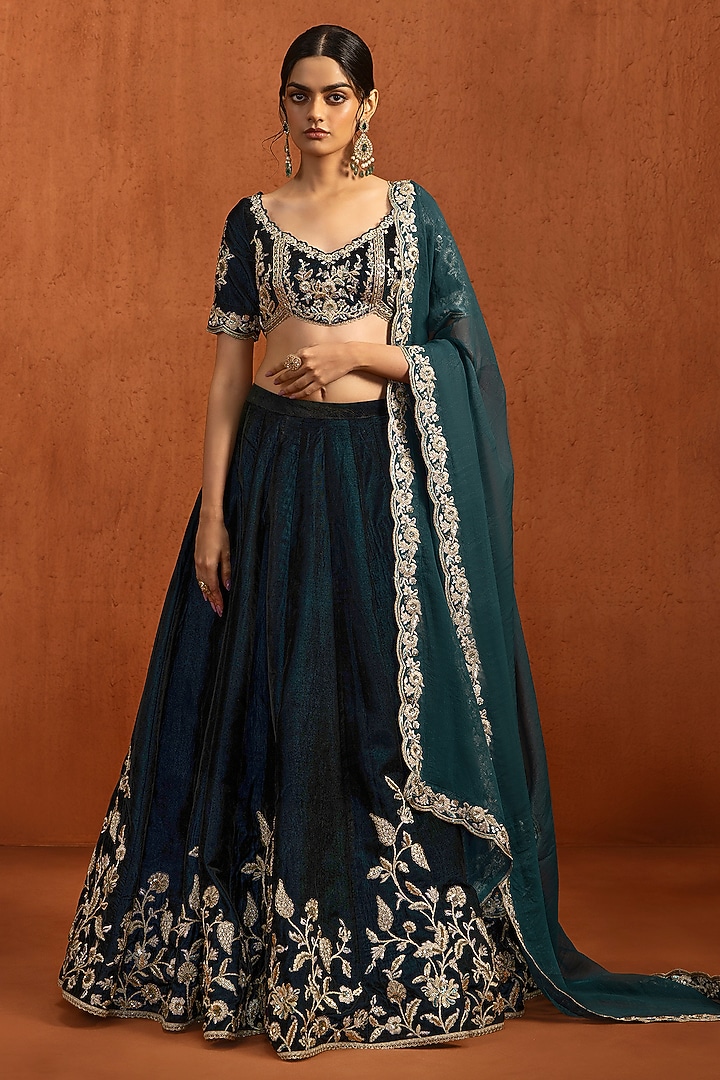 Teal Velvet Zari & Sequins Work Lehenga Set by Lashkaraa at Pernia's Pop Up Shop