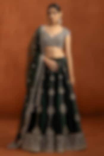 Dark Green Velvet Zari & Sequins Work Lehenga Set by Lashkaraa at Pernia's Pop Up Shop