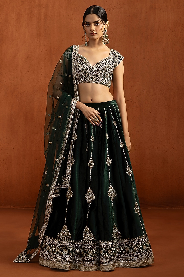 Dark Green Velvet Zari & Sequins Work Lehenga Set by Lashkaraa at Pernia's Pop Up Shop
