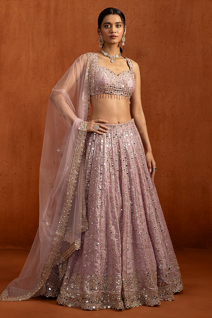 Lilac Velvet Zari & Mirror Work Lehenga Set by Lashkaraa at Pernia's Pop Up Shop