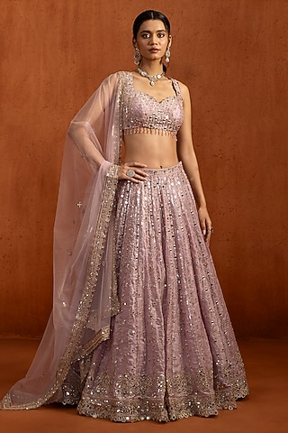 Lilac Velvet Zari & Mirror Work Lehenga Set by Lashkaraa
