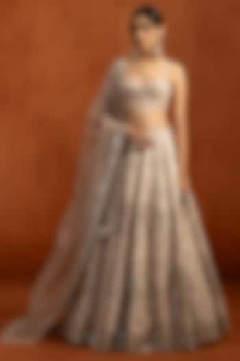 Off-White Silk Satin Thread & Sequins Embroidered Wedding Lehenga Set by Lashkaraa at Pernia's Pop Up Shop