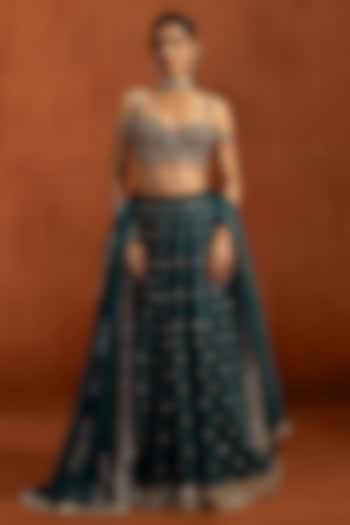 Teal Crepe Sequins & Mirror Work Wedding Lehenga Set by Lashkaraa at Pernia's Pop Up Shop
