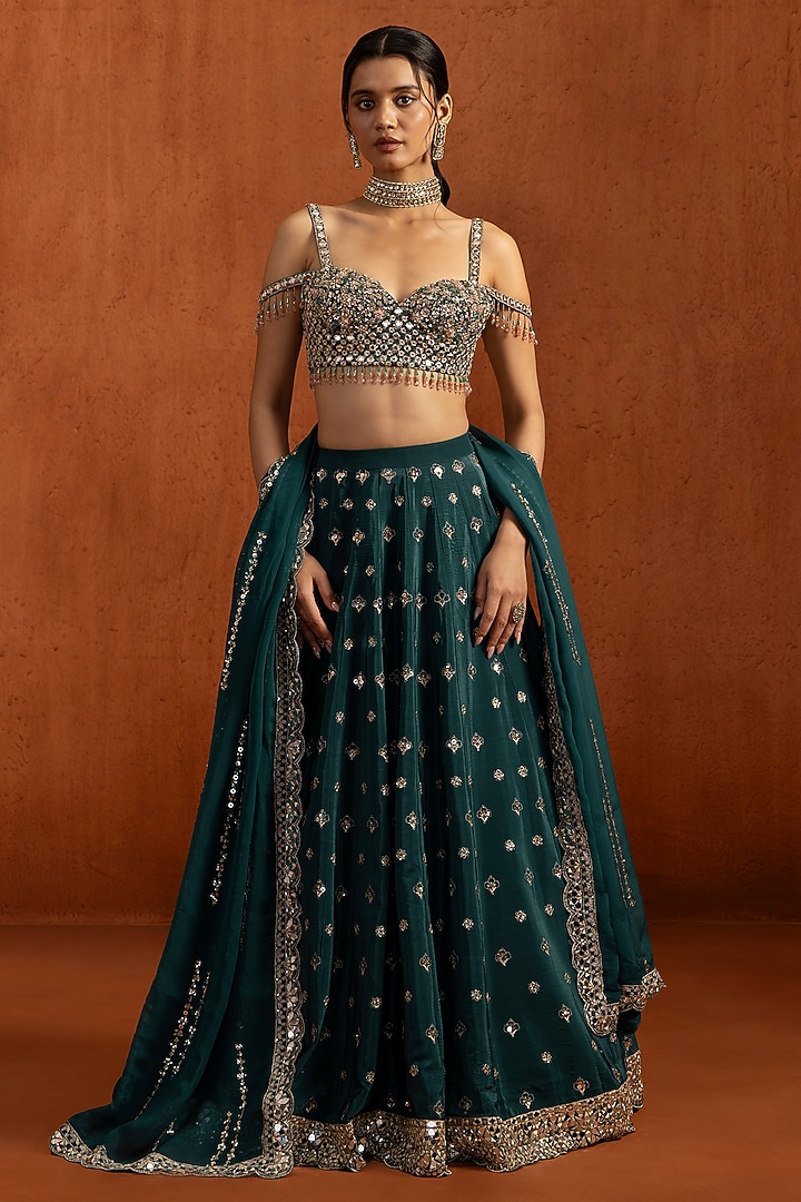Teal Crepe Sequins & Mirror Work Wedding Lehenga Set by Lashkaraa at Pernia's Pop Up Shop