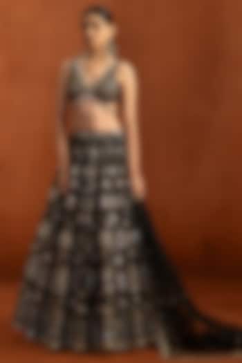 Black Velvet Satin Sequins & Mirror Work Wedding Lehenga Set by Lashkaraa at Pernia's Pop Up Shop