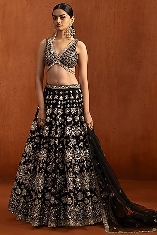 Black Velvet Satin Sequins & Mirror Work Lehenga Set by Lashkaraa