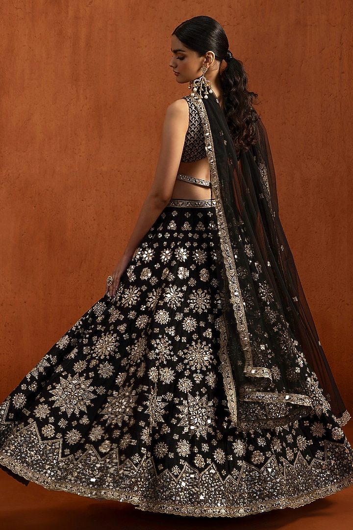 Black Velvet Satin Sequins & Mirror Work Wedding Lehenga Set by Lashkaraa at Pernia's Pop Up Shop