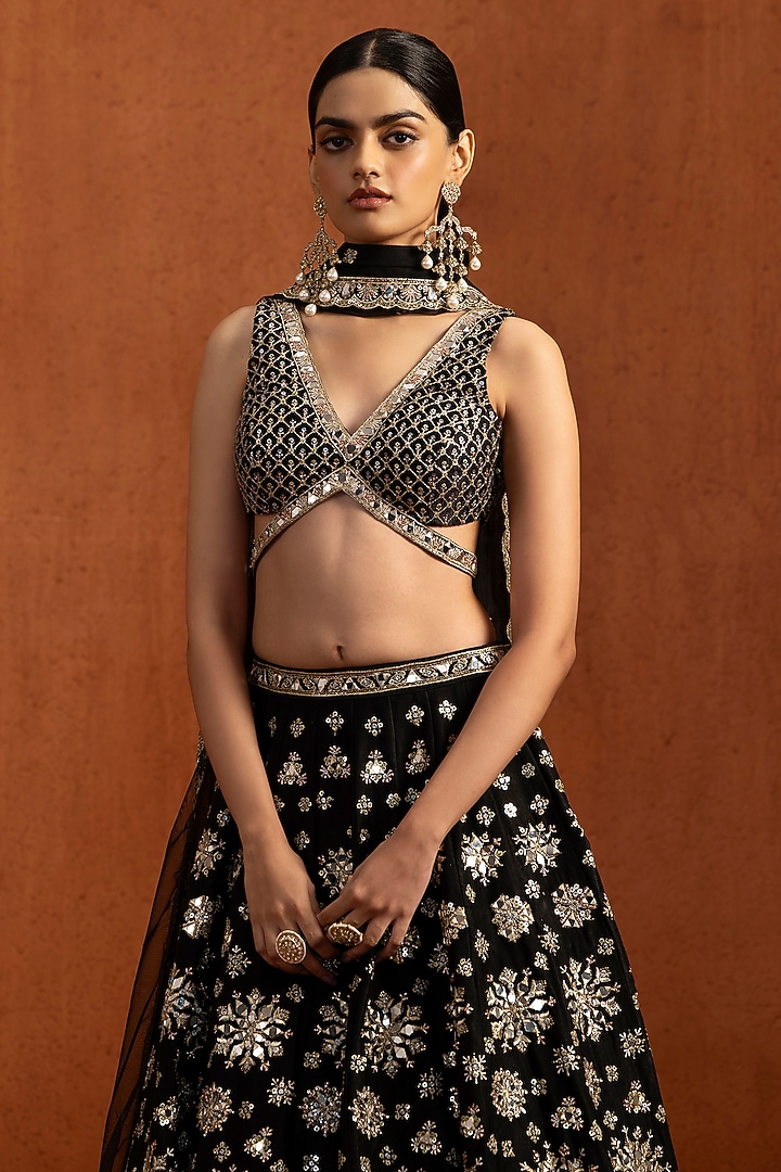 Black Velvet Satin Sequins & Mirror Work Wedding Lehenga Set by Lashkaraa at Pernia's Pop Up Shop