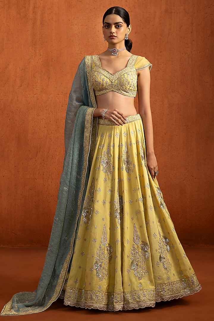 Yellow Viscose Tissue Zari & Sequins Embellished Lehenga Set by Lashkaraa at Pernia's Pop Up Shop
