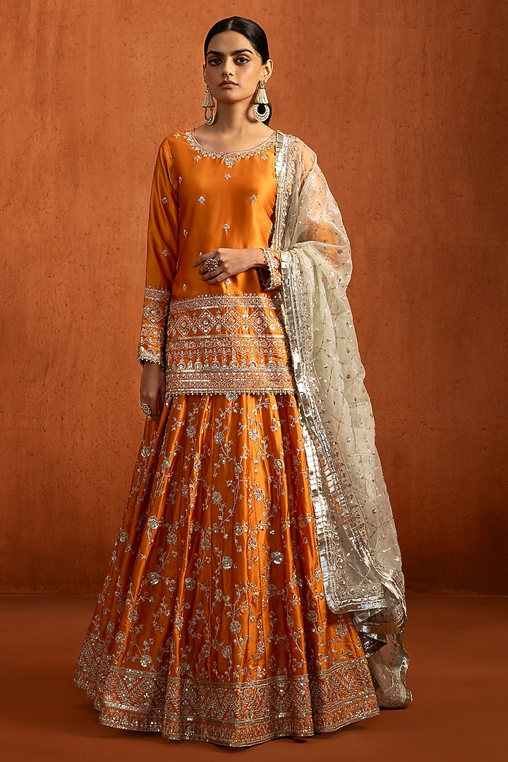 Orange Silk Sequins Embroidered Lehenga Set by Lashkaraa at Pernia's Pop Up Shop