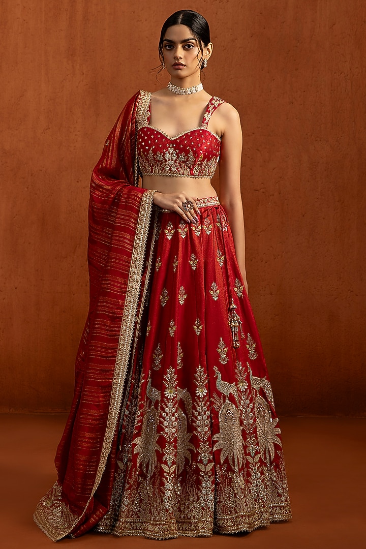Red Viscose Tissue Zari Hand Embellished Wedding Lehenga Set by Lashkaraa at Pernia's Pop Up Shop