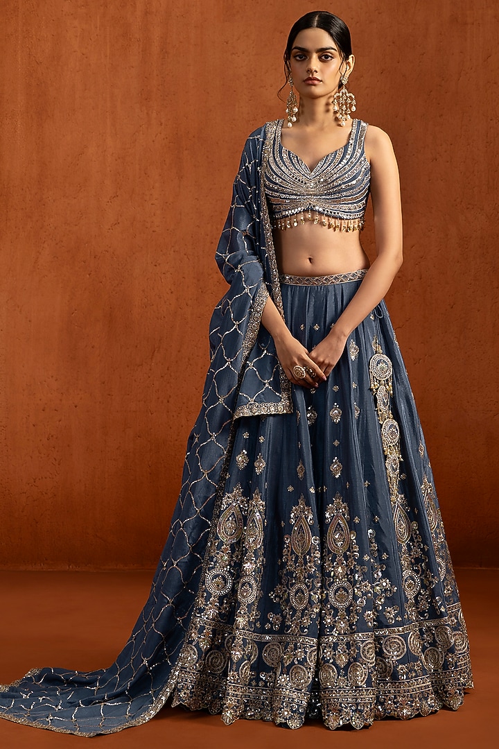 Blue Chiffon Zari Embroidered Lehenga Set by Lashkaraa at Pernia's Pop Up Shop
