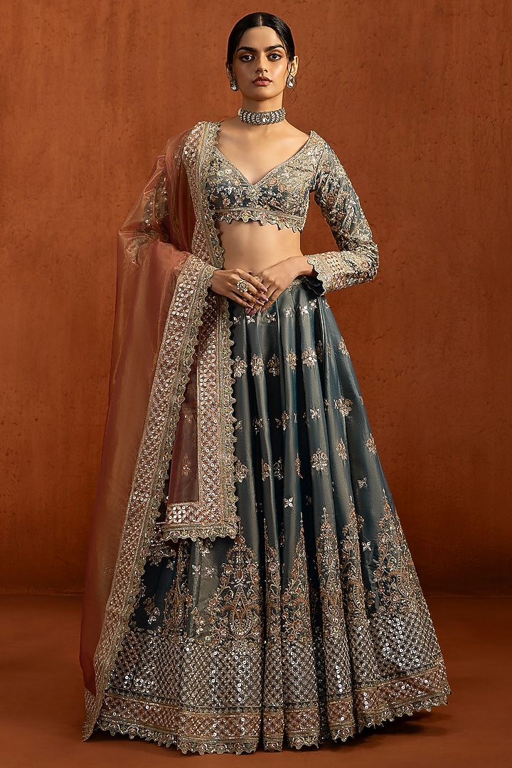 Dusty Teal Silk Zari Embroidered Wedding Lehenga Set by Lashkaraa at Pernia's Pop Up Shop