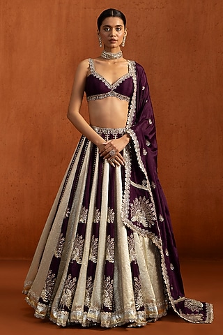 Wine Lampi Mirror Embroidered Lehenga Set by Lashkaraa