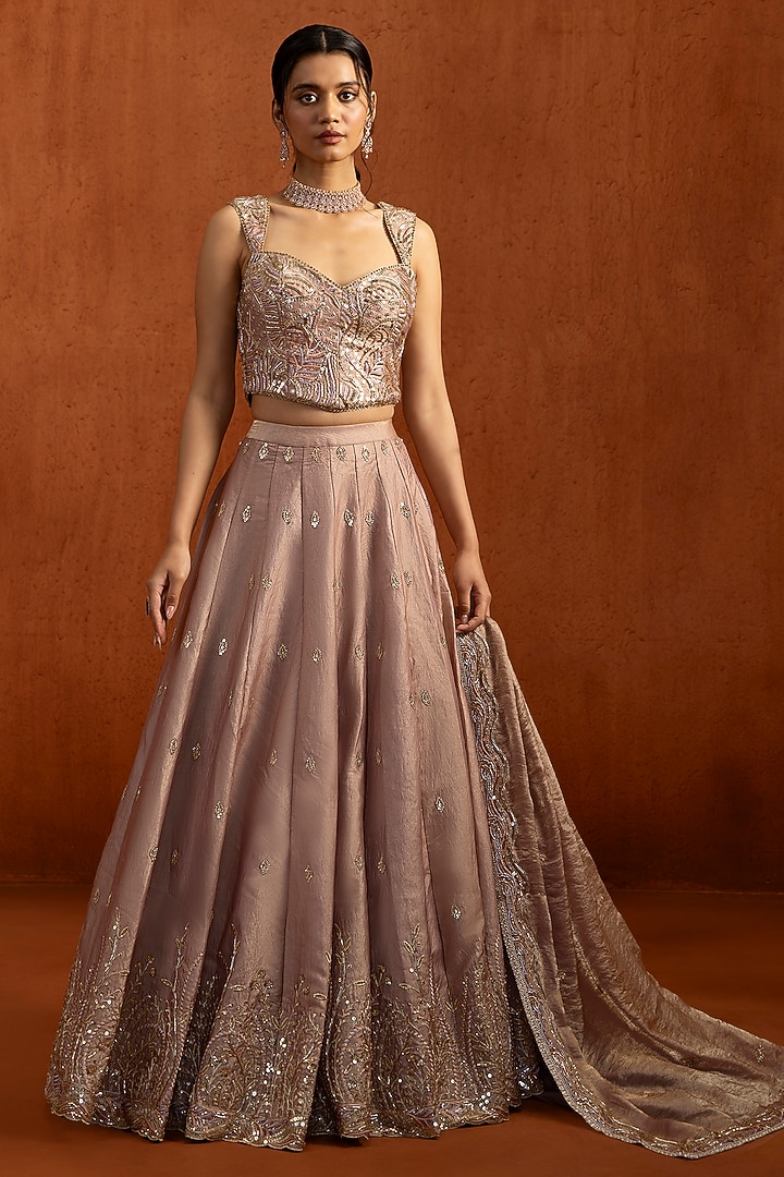Light Mauve Satin Zari Embroidered Lehenga Set by Lashkaraa at Pernia's Pop Up Shop