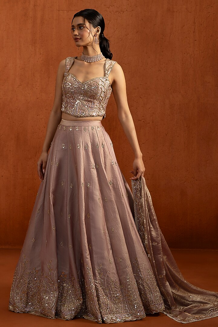 Light Mauve Satin Zari Embroidered Lehenga Set by Lashkaraa at Pernia's Pop Up Shop