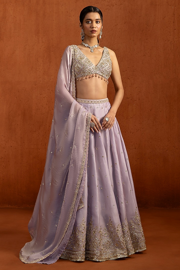 Soft Lilac Tissue Sequins Embroidered Lehenga Set by Lashkaraa at Pernia's Pop Up Shop