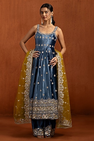 Blue Velvet Zari Embroidered Anarkali Set by Lashkaraa