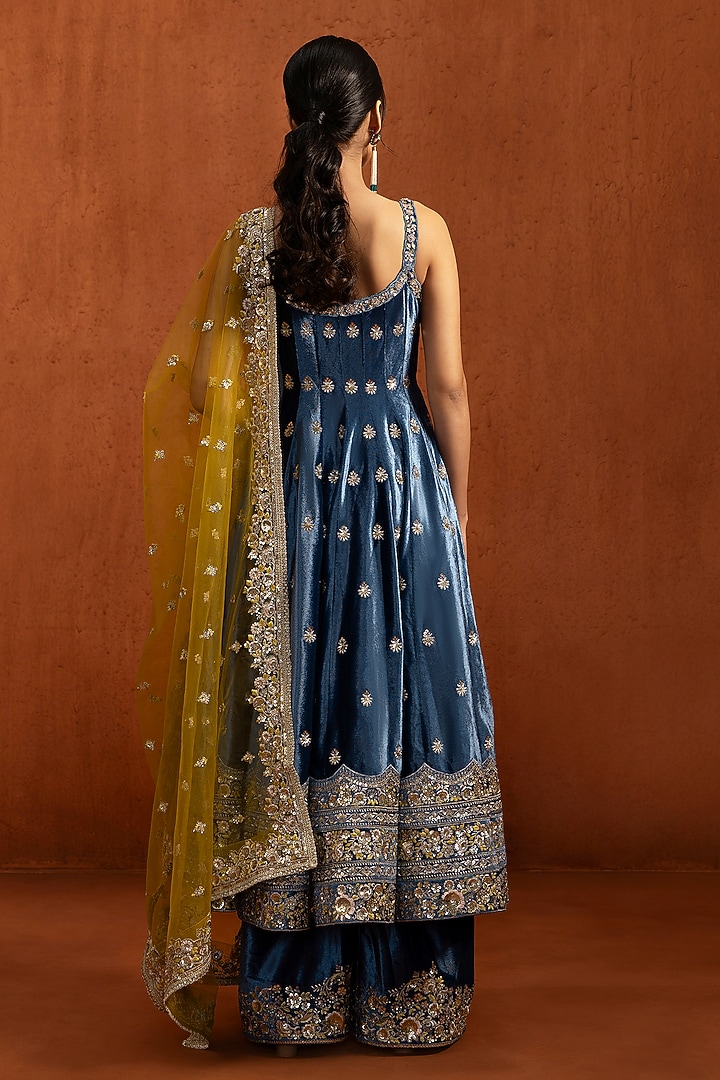 Blue Velvet Zari Embroidered Anarkali Set by Lashkaraa at Pernia's Pop Up Shop